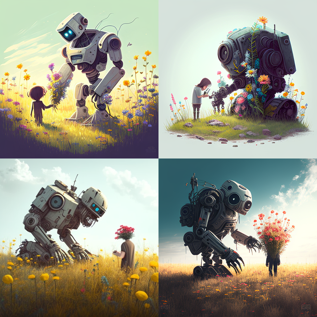 Andsime seega AI-le ülesande luua pilt, kus kujutatakse graafilist disainerit ja robotit koos põllul lilli korjamas.